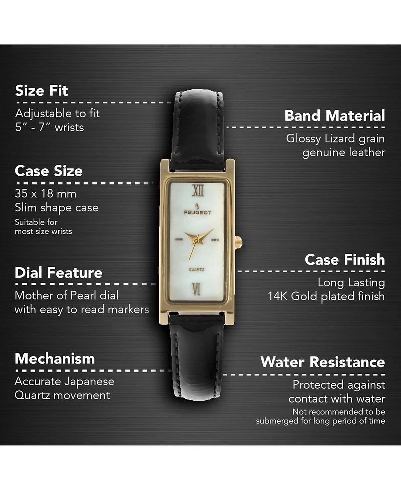 Peugeot Women 36x18mm Watch Glossy Black Leather Strap