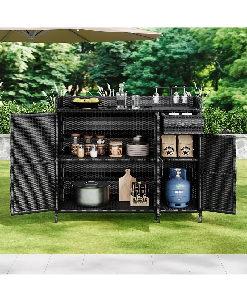 Wicker Outdoor Storage Cabinet & Bar Table Combo
