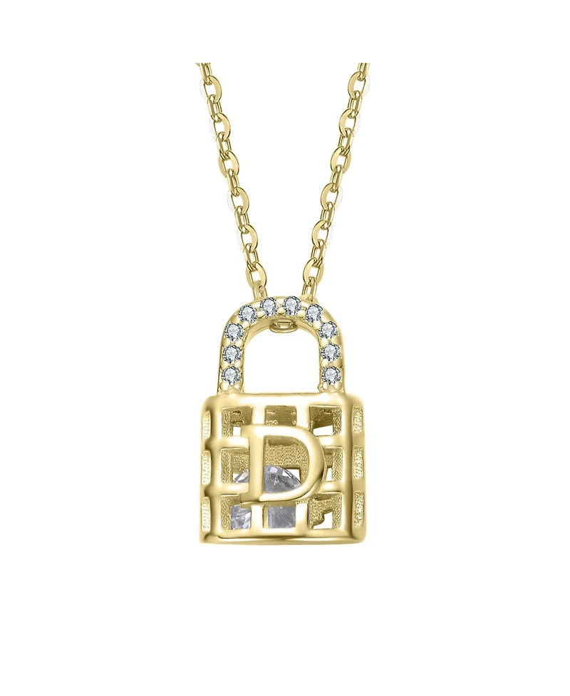 14K Gold Plated with Clear Cubic Zirconia Accents Padlock Pendant Necklace