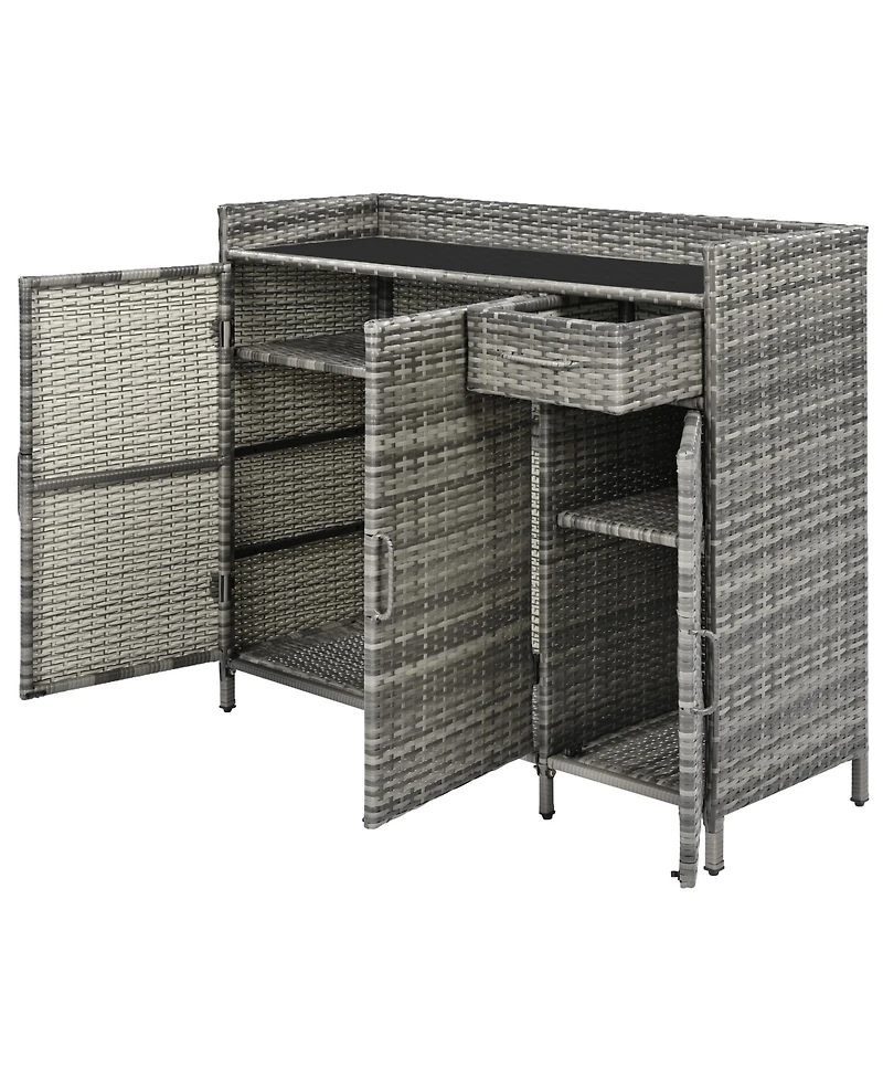 Wicker Outdoor Storage Cabinet & Bar Table Combo