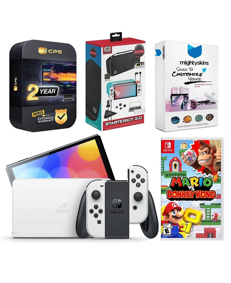 Nintendo Switch White Oled Console with Mario vs. Donkey Kong, Surge Accessory Gaming Kit, MightySkins Console and Controller Skin Voucher, and 2 Year
