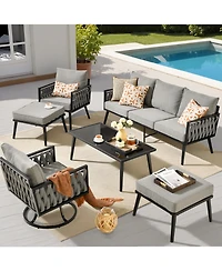 Xizzi 6-Priece Outdoor Patio Set with All-Weather Polyester Rope, Conversation Sofa for Backyard Deck Soft Cushions,Ottomans and Glass Coffee