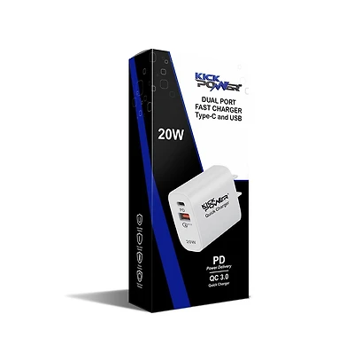 KickPOWER -Wall Charger (Pd & Usb 20 Watt Dual Port) Quick Charger
