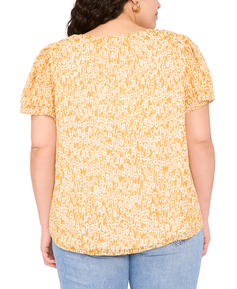 Vince Camuto Plus Printed Split-Neck Flutter-Sleeve Blouse