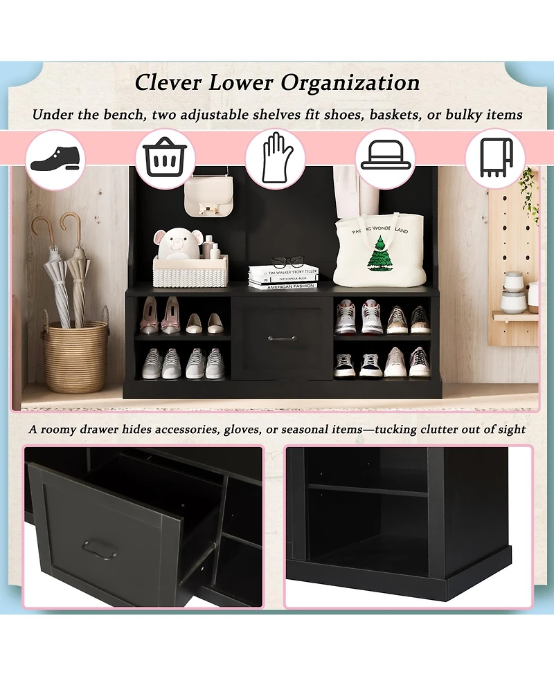 Hall Tree with Bench, Hooks & Drawer