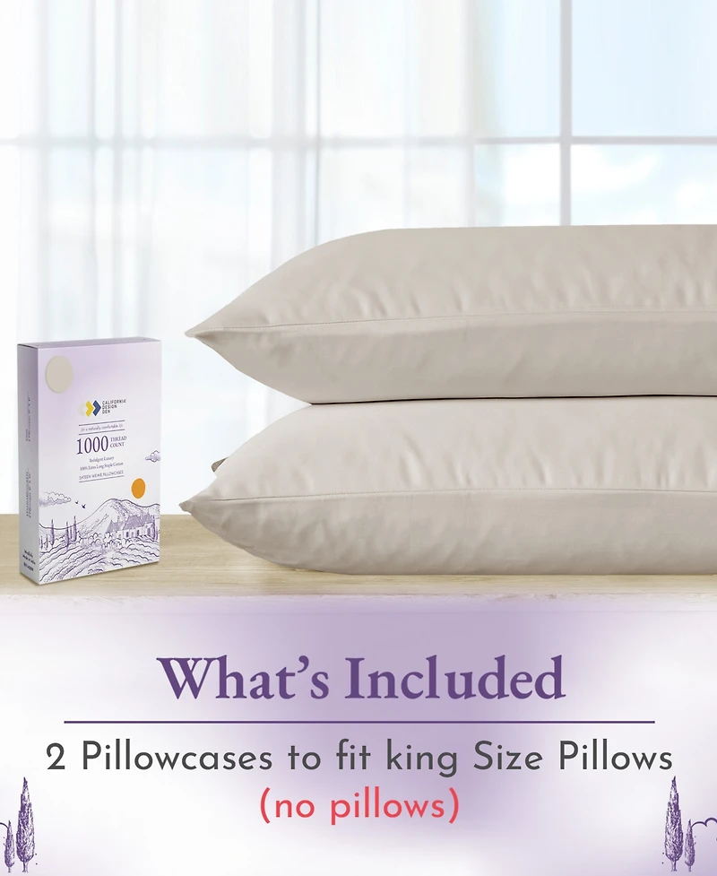 California Design Den Luxury 1000 Thread Count 100% Cotton King Pillow Cases Set of 2 - Smooth Sateen, Crisp Hotel