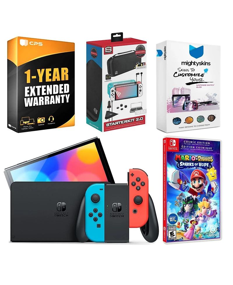 Nintendo Switch Neon Red & Blue Oled Console with Mario + Rabbids Sparks of Hope Cosmic Edition, Surge Accessory Gaming Kit