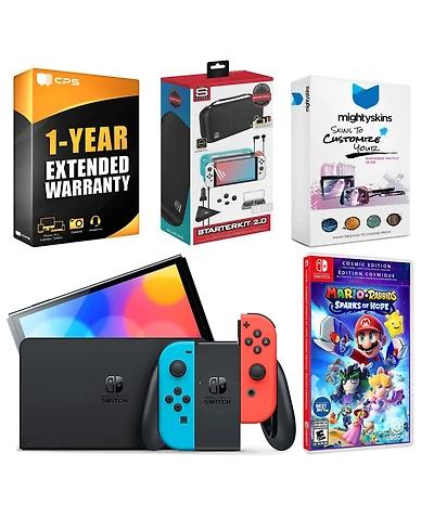 Nintendo Switch Neon Red & Blue Oled Console with Mario + Rabbids Sparks of Hope Cosmic Edition, Surge Accessory Gaming Kit