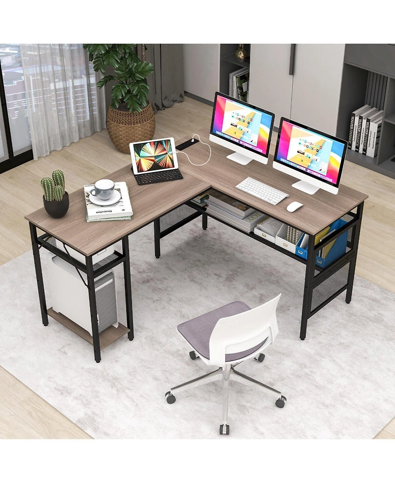 L-Shaped Computer Desk with Charging Station and Adjustable Shelf