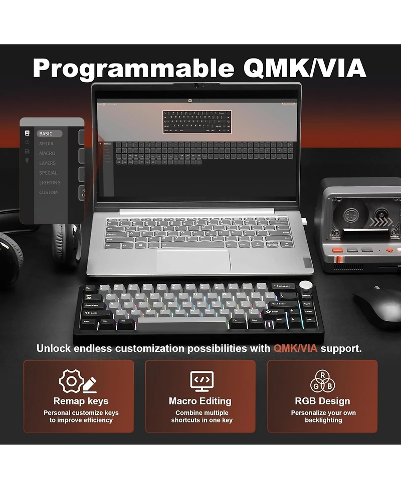 Yunzii AL68 Wireless Mechanical Keyboard,Full Aluminum Cnc,60% Layout with Knob, Qmk/Via Software,Gasket Mounted,Hot Swappable,Rgb Backlit,Bt/2.4G/Usb