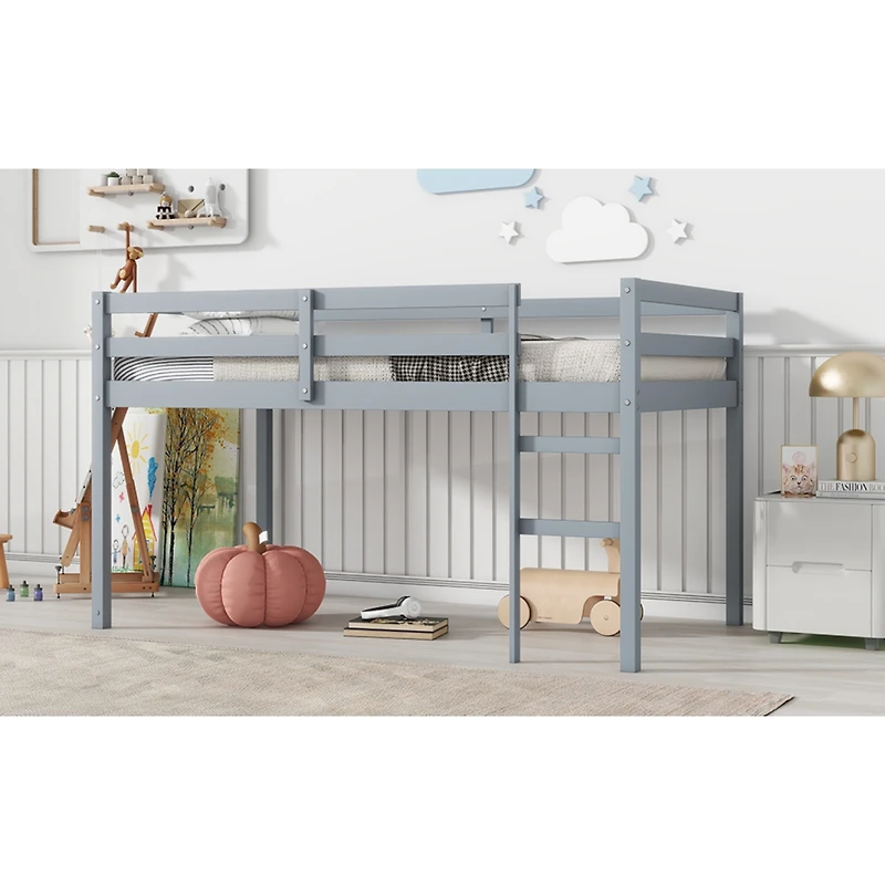 Streamdale Furniture Solid Wooden, Rubber Wooden Twin Loft Bed with Ladder, Bed Platform of Strengthened Slats, Grey