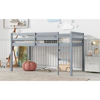 Streamdale Furniture Solid Wooden, Rubber Wooden Twin Loft Bed with Ladder, Bed Platform of Strengthened Slats, Grey