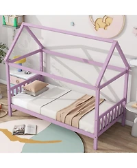 Twin House Bed with Headboard and Footboard, Twin Rubber Wood Bed with House Frame,Pink