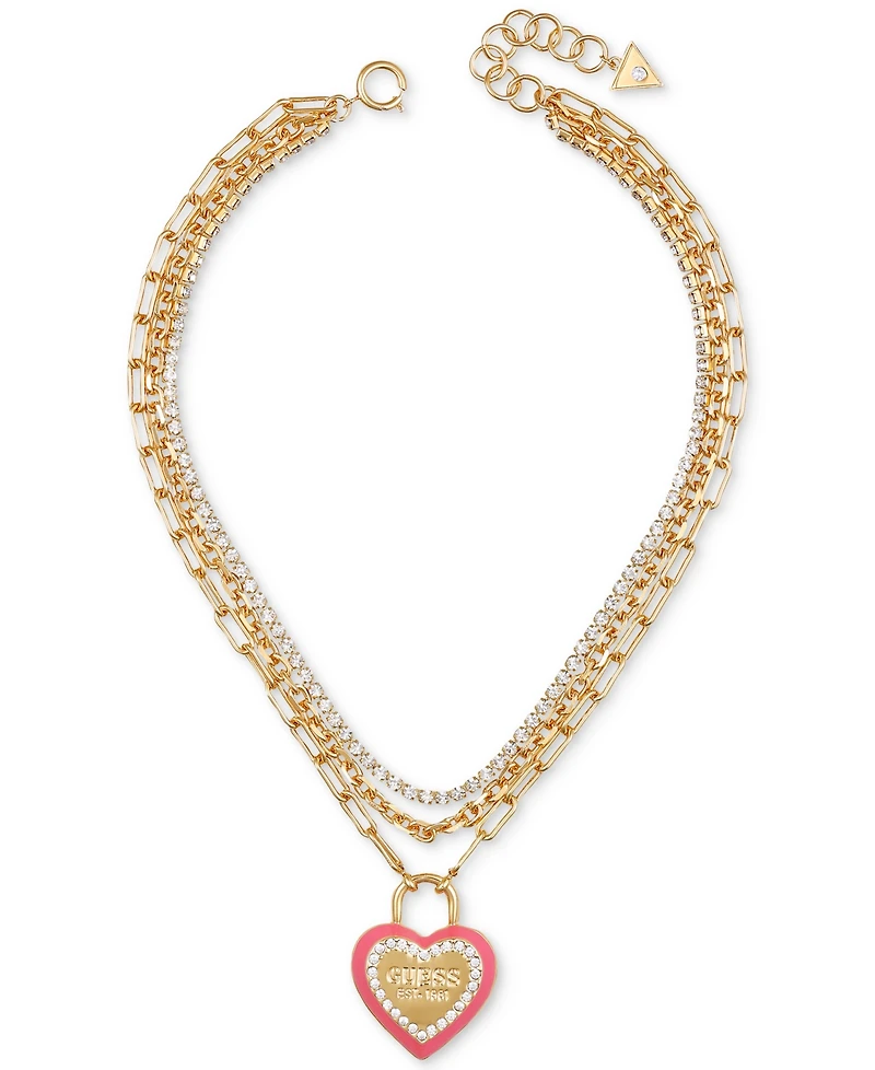 Guess Gold-Tone Crystal Logo Heart Layered Pendant Necklace, 18" + 2" extender