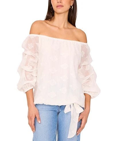 Vince Camuto Women's Textured Off-The-Shoulder Sheer Bubble 3/4-Sleeve Tie-Front Blouse