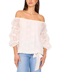 Vince Camuto Women's Textured Off-The-Shoulder Sheer Bubble 3/4-Sleeve Tie-Front Blouse