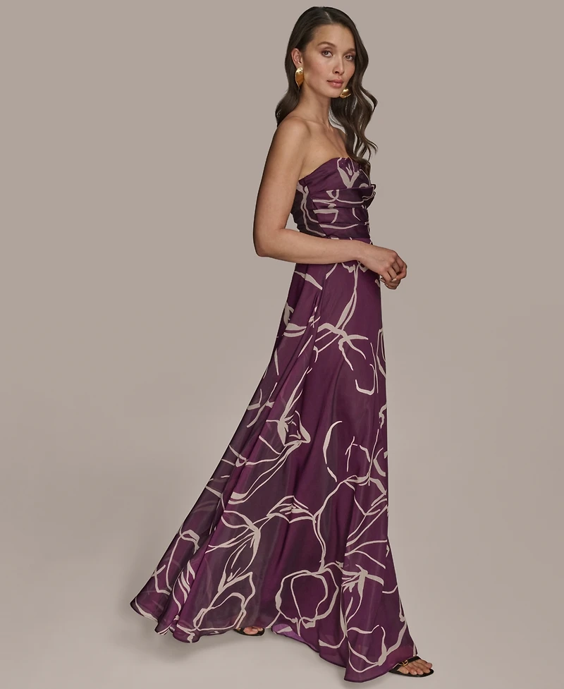 Donna Karan New York Women's Printed Ruched Organza Strapless Gown