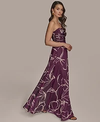 Donna Karan New York Women's Printed Ruched Organza Strapless Gown