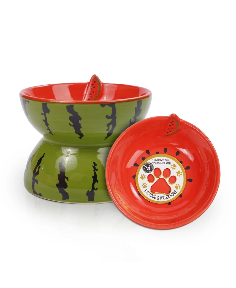 P.t. Supply Co. Watermelon Shaped Stoneware Elevated Pet Bowl, Raised Ceramic Food & Water Dish for Dogs and Cats