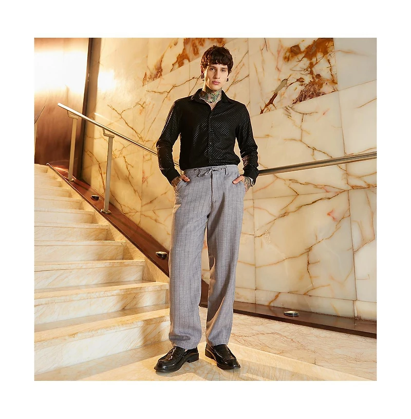 Campus Sutra Men's Coin Grey Pinstriped Chino Trousers