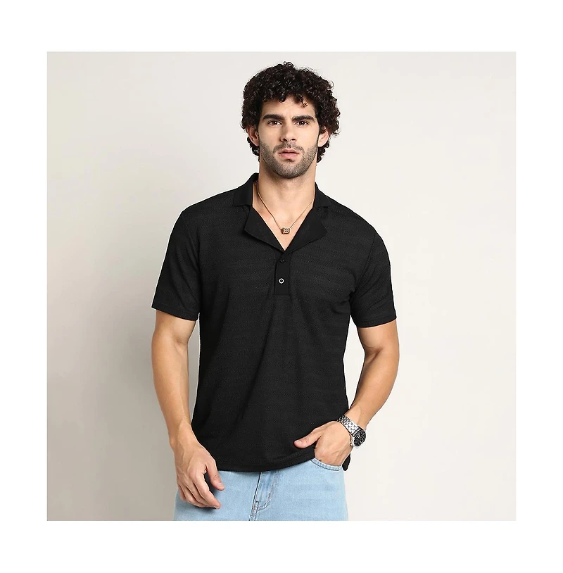 Campus Sutra Men's Onyx Black Panel-Tactile Cuban Polo T-Shirt