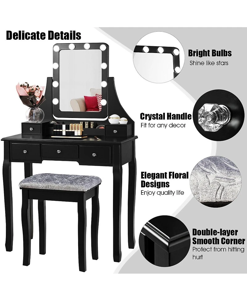 Vanity Dressing Table Set with 10 Dimmable Bulbs and Cushioned Stool