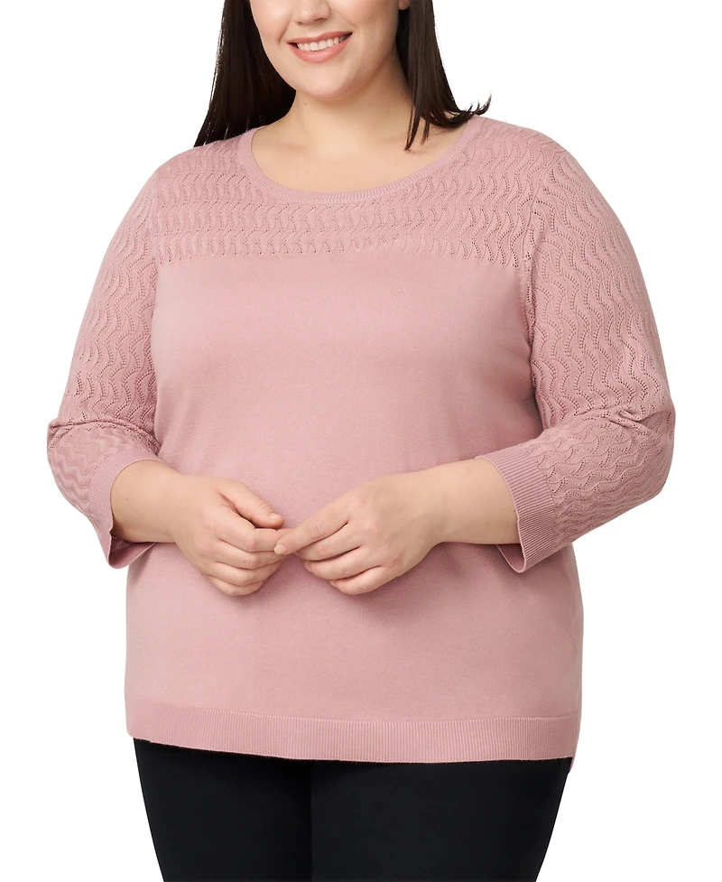 Melissa Paige Plus Pointelle-Yoke 3/4-Sleeve Sweater