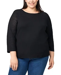 Melissa Paige Plus Pointelle-Yoke 3/4-Sleeve Sweater
