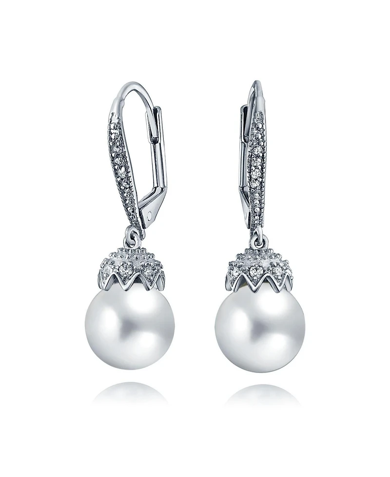 Bling Jewelry Elegant Simulated Pearl Dangle Chandelier Earrings - Cz Crown Ball Silver Plated