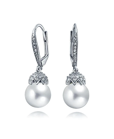 Bling Jewelry Elegant Simulated Pearl Dangle Chandelier Earrings - Cz Crown Ball Silver Plated