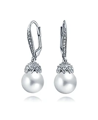 Bling Jewelry Elegant Simulated Pearl Dangle Chandelier Earrings - Cz Crown Ball Silver Plated