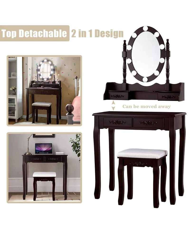Makeup Dressing Table with Touch Switch Lighted Mirror and Cushioned Stool