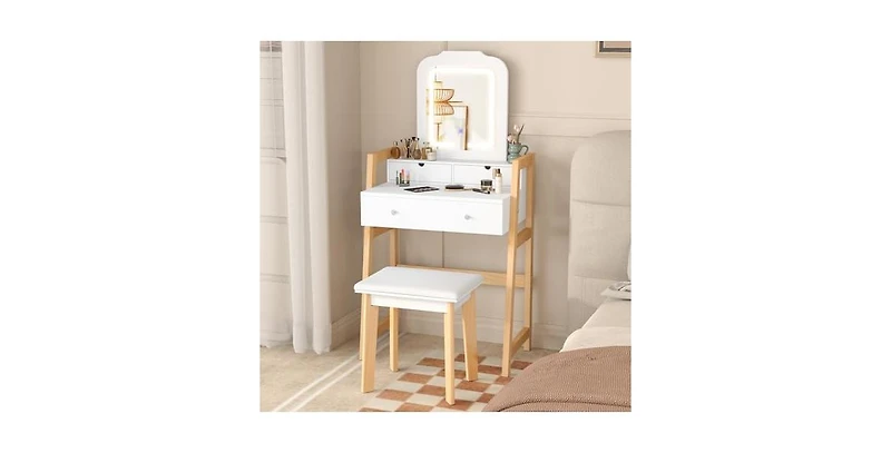 Adjustable Height Vanity Desk Set with 3-Color Led Lighted Mirror and Drawers