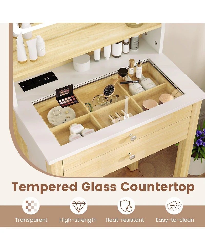Small Vanity Desk Set with Adjustable Led Lighted Mirror and Power Outlets