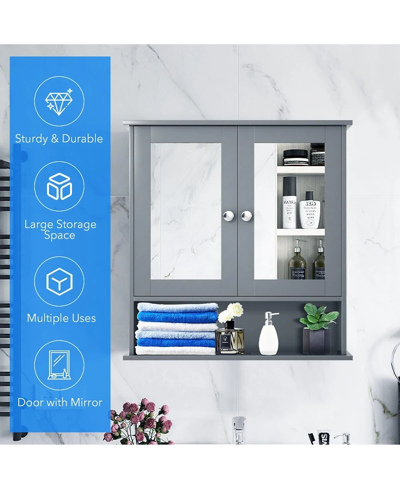 Double Door Wall-Mounted Bathroom Mirror Cabinet with Storage Shelf