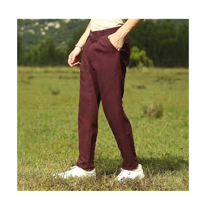 Campus Sutra Men's Burgundy Red Velvique Tailored Trousers