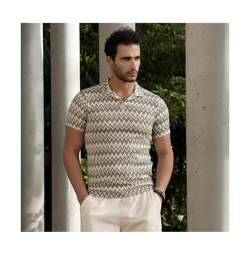 Campus Sutra Men's French Beige & Off White Zig-Zag Knit Polo T-Shirt
