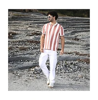 Campus Sutra Men's Nude Pink & Cream White Awning-Striped Polo T-Shirt