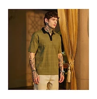 Campus Sutra Men's Olive Green & Onyx Black Contrast Grid Polo T-Shirt