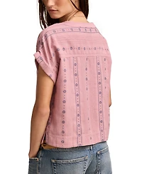 Lucky Brand Women's Embroidered Cotton Cuffed-Sleeve Top