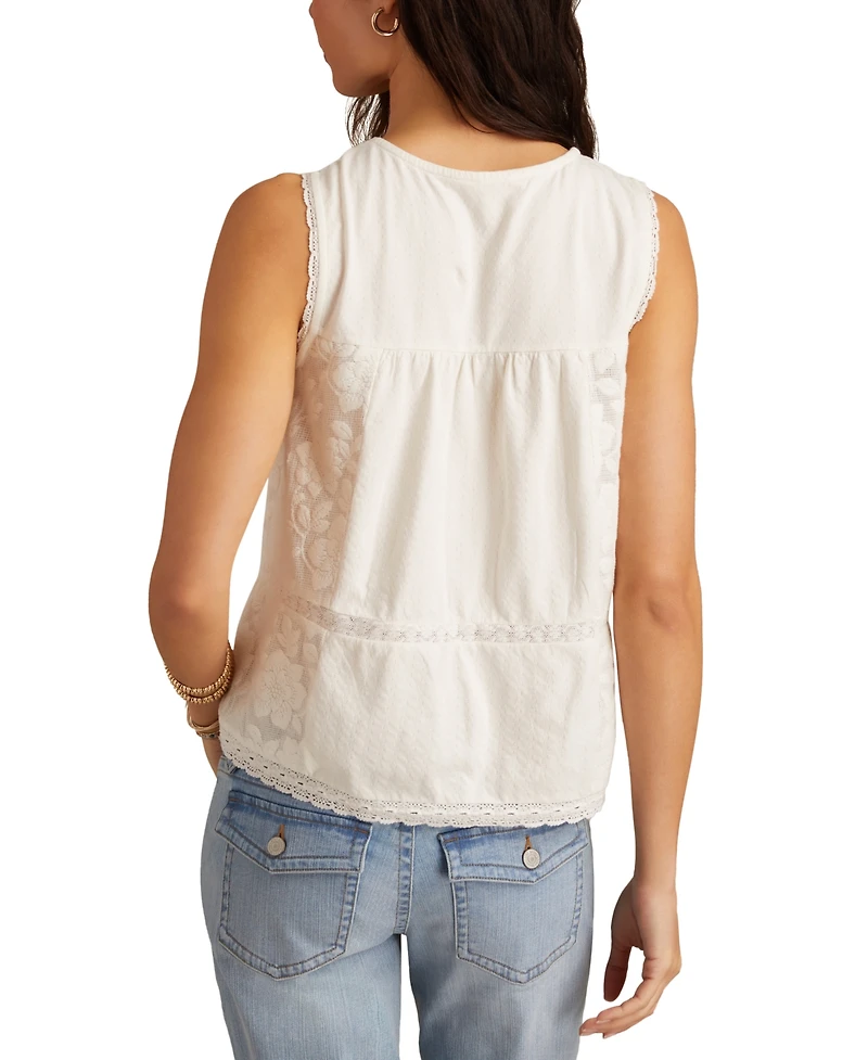 Lucky Brand Women's Lace-Trim Embroidered Cotton Sleeveless Top