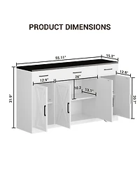 55"Modern Farmhouse Sideboard Cabinet with 4 Doors & Drawers, Rustic White Wood Coffee Bar Buffet with Adjustable Shelves, Kitchen Storage Cabine