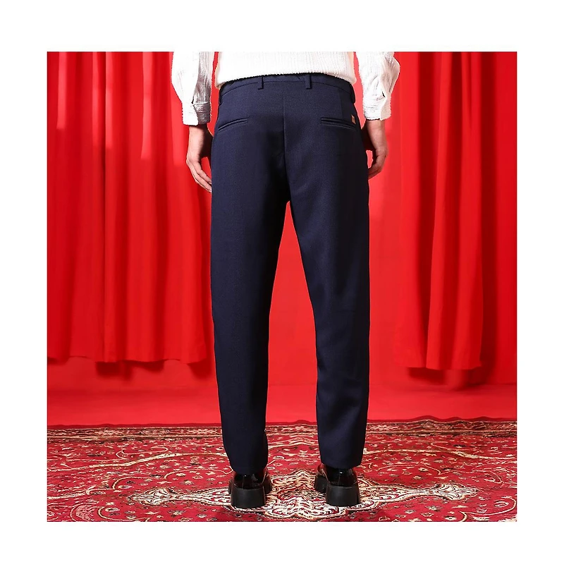 Campus Sutra Men's Prussian Blue Tailored Linen-Blend Trousers