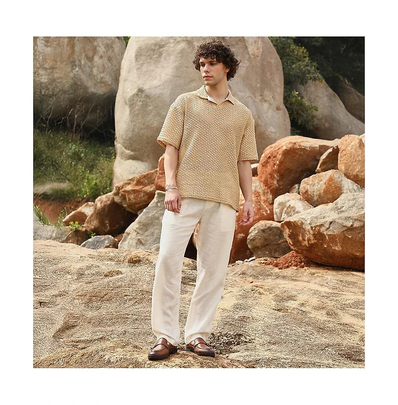 Campus Sutra Men's Buff Beige Lozenge Oversized Polo T-Shirt