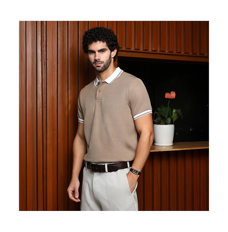 Campus Sutra Men's Sand Beige Cuboid-Stripe Polo T-Shirt