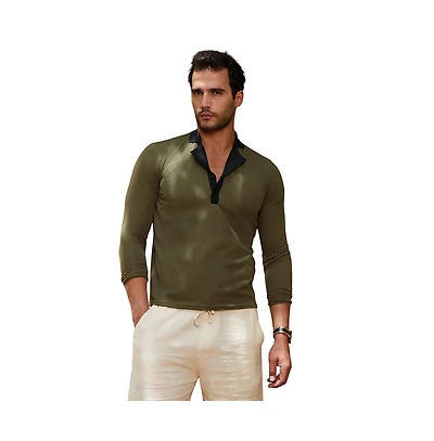 Campus Sutra Men's Olive Green & Obsidian Black Textured Cuban Polo T-Shirt