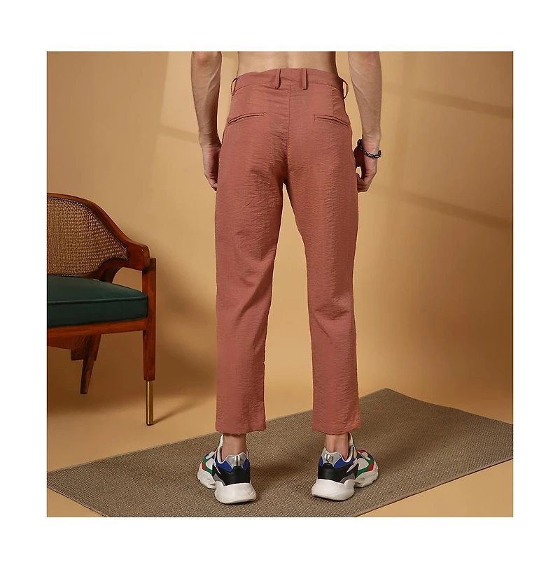 Campus Sutra Men's Terracotta Brown Crinkled Tailored Trousers