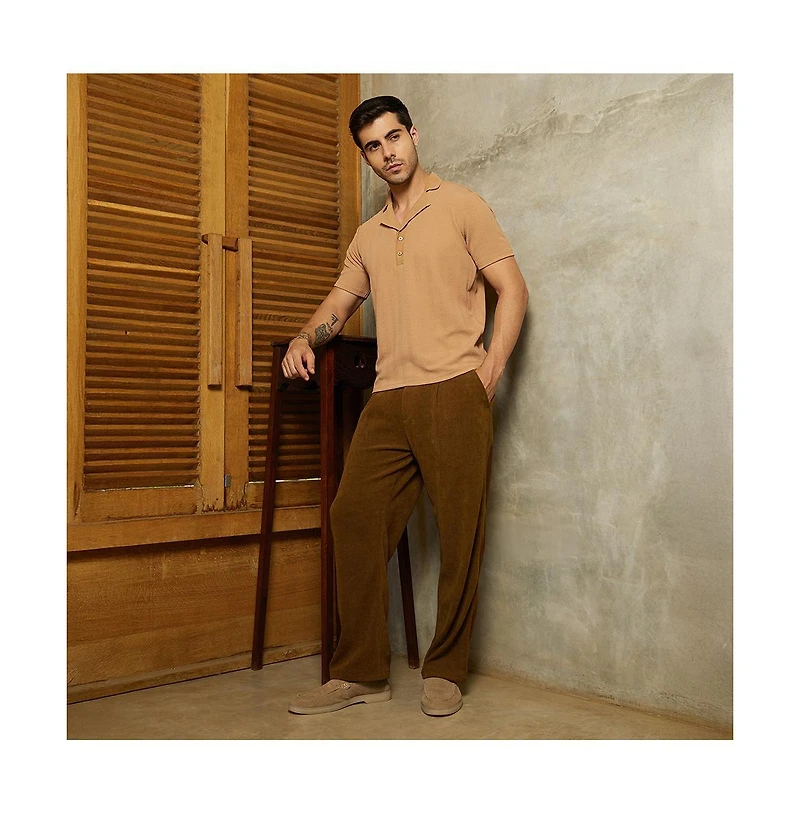 Campus Sutra Men's Peanut Brown Rope-Tactile Cuban Polo T-Shirt