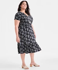 Style & Co Plus Printed V-Neck Short-Sleeve Midi Dress, Exclusively at Macy's