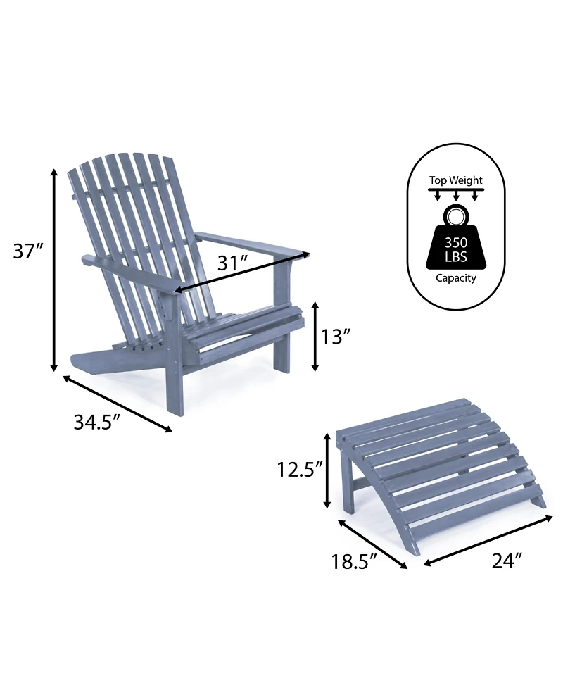 Saranac 2-Piece Traditional Rustic Acacia Wood Adirondack Chair with Detachable Ottoman, Cashmere Blue